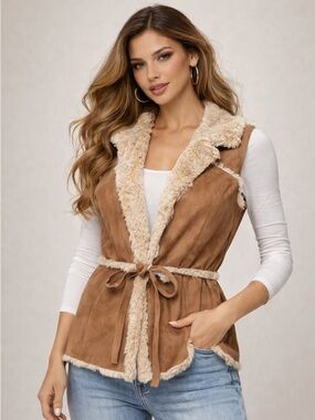 Olive & Oak Plush Faux Shearling Vest in Light Beige size L